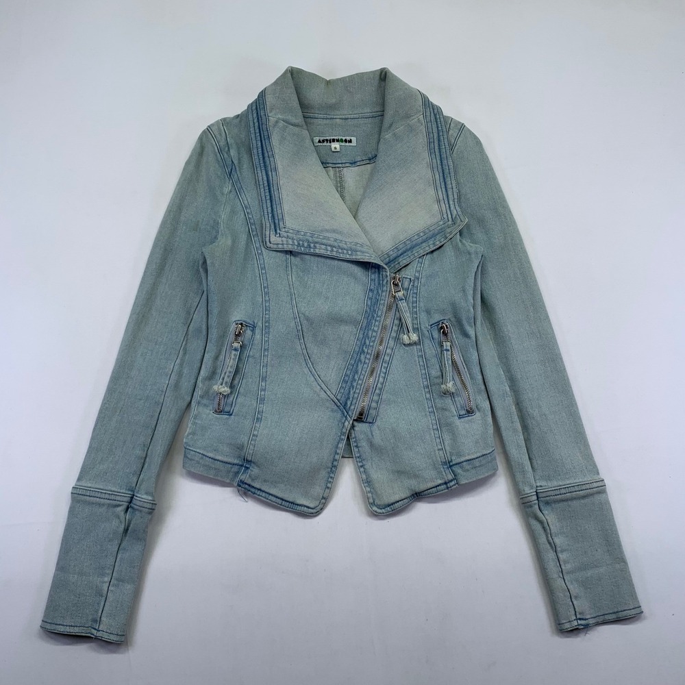 AFTERNOON Denim Moto Jacket Small Womens Asymmetrical Zip Front Biker‎ Y2k